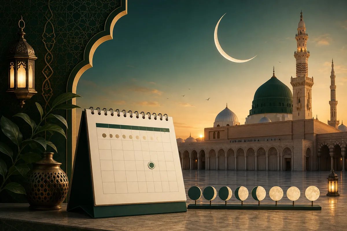 تقويم قمري وهلال ومسجد يرمزون إلى تحديد موعد المولد النبوي 2026