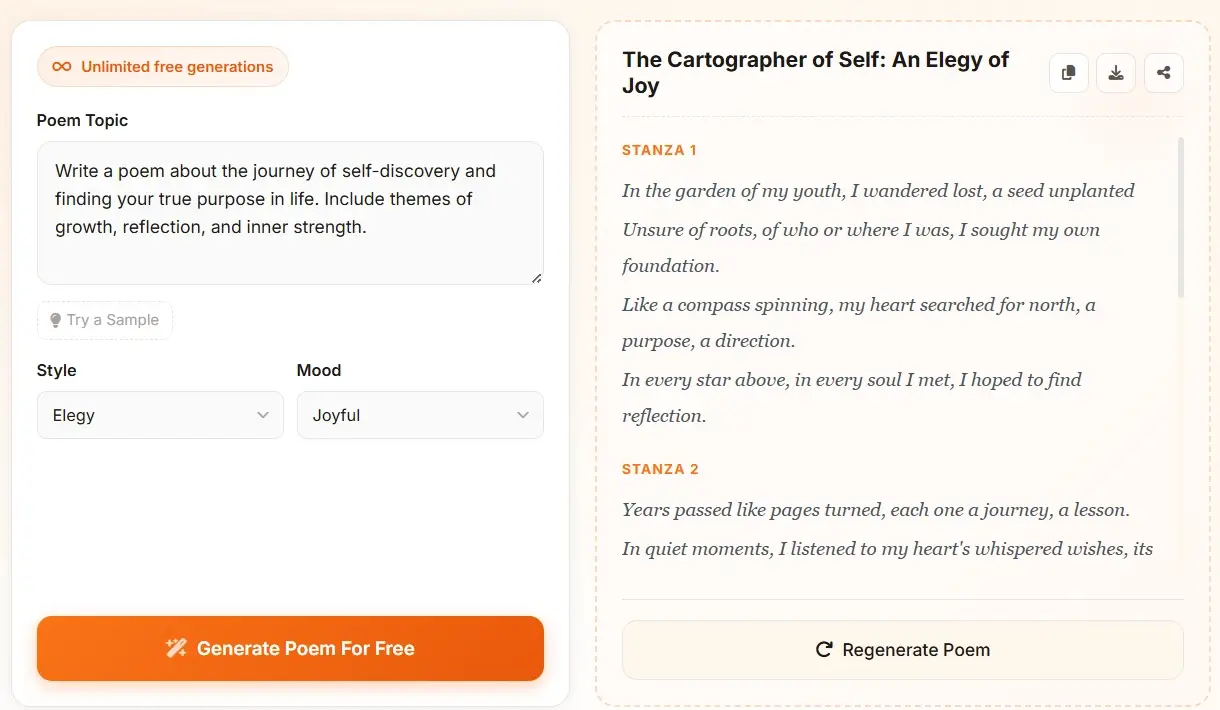 AI Poem Generator custom poem form - enter your poem topic and preferences