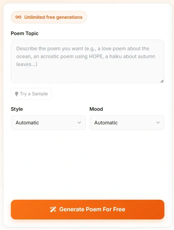AI Poem Generator topic input - describe your poem idea with style and mood options
