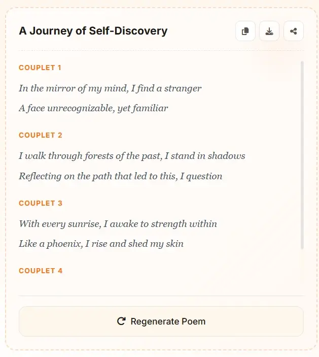 AI Poem Generator result - A Journey of Self-Discovery poem example