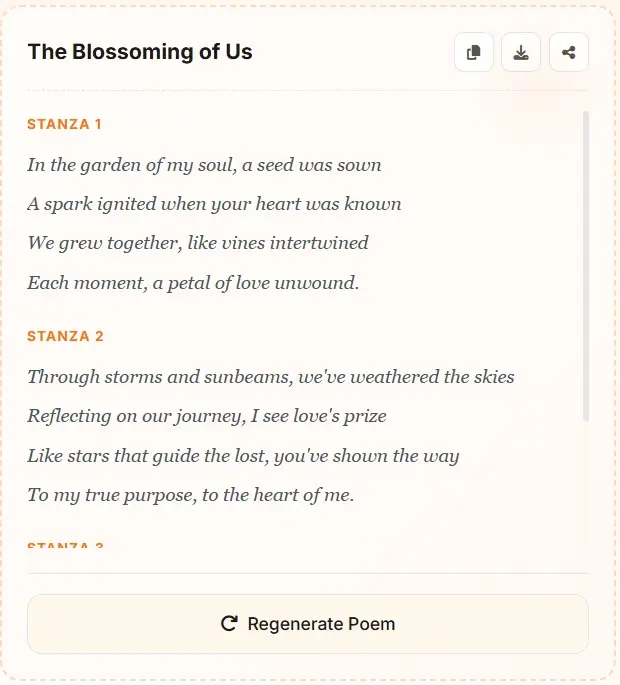 AI generated love poem example - The Blossoming of Us romantic poetry