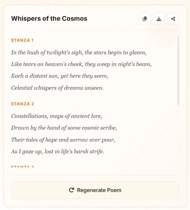 AI Poem Generator result - Whispers of the Cosmos poem with stanzas